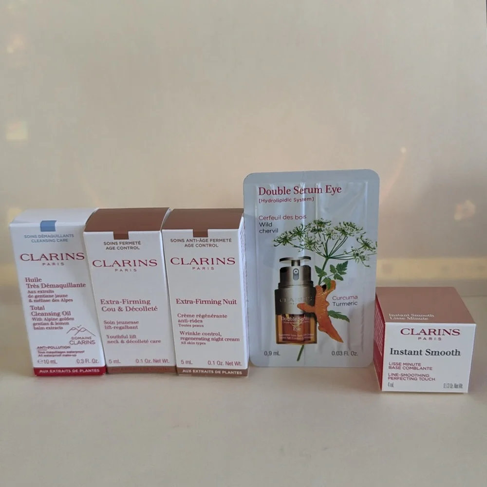 CLARINS 5p Skincare Travel Cleansing Oil Firming Neck Chest Night Primer $60